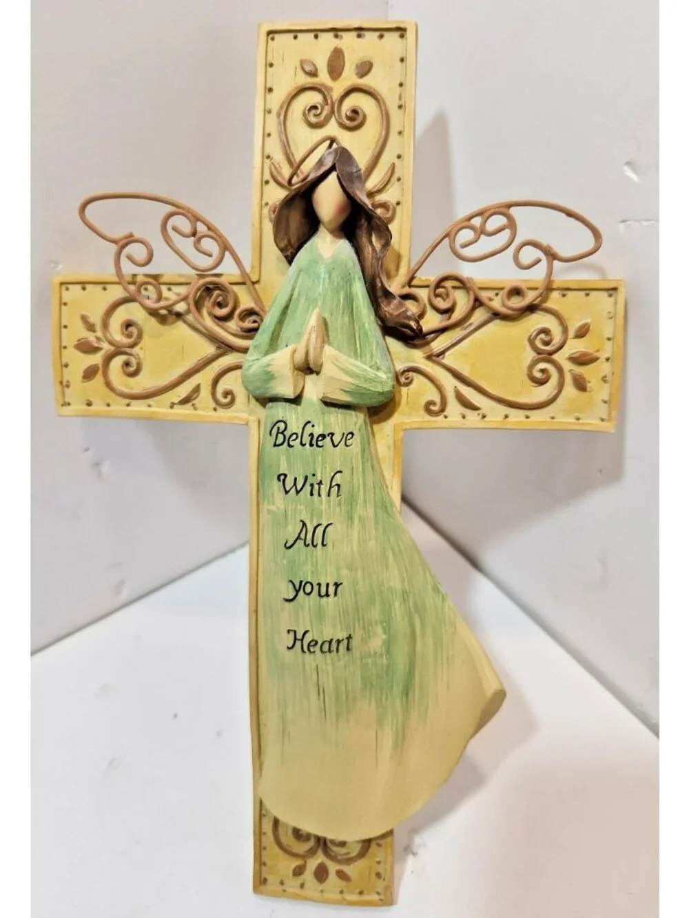 Vtg Ceramic Cross with Praying Angel  